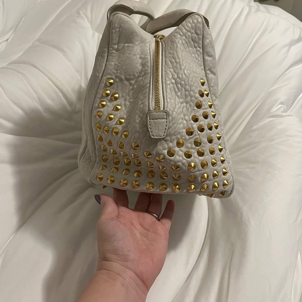 MCM Pebbled Cream Leather Satchel with Gold Stud Accents - Picture 4 of 16
